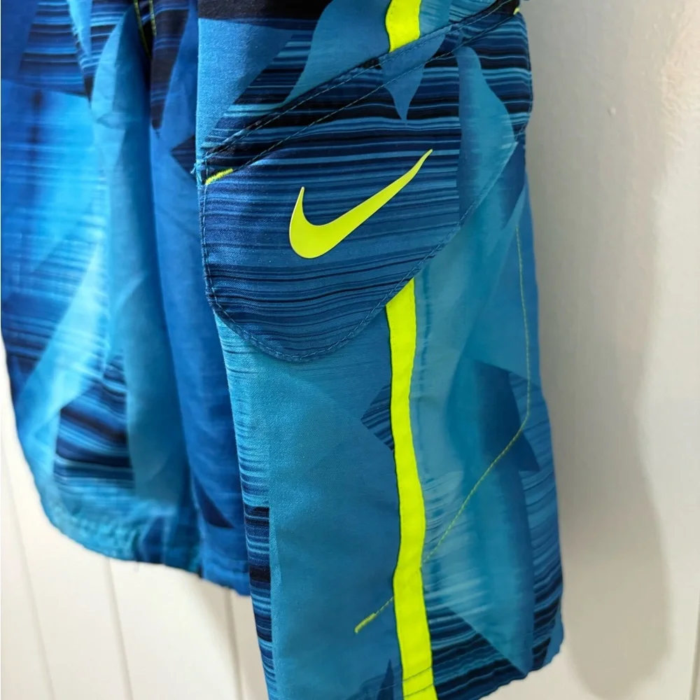 Nike Mens Swim Trunks Blue/yellow Big Swoosh Logo Pockets Size Medium